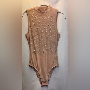 Blue Buttercup Bedazzled Faux Crystals and Pearls Nude Color Bodysuit Size Large